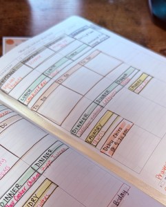 Image shows an open planner with sections blocked out for specific needs such as Homeschool, Lunch, Dinner, To Do
